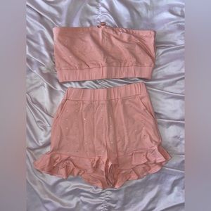 Two piece matching set bandeau top and ruffle shorts with rhinestones